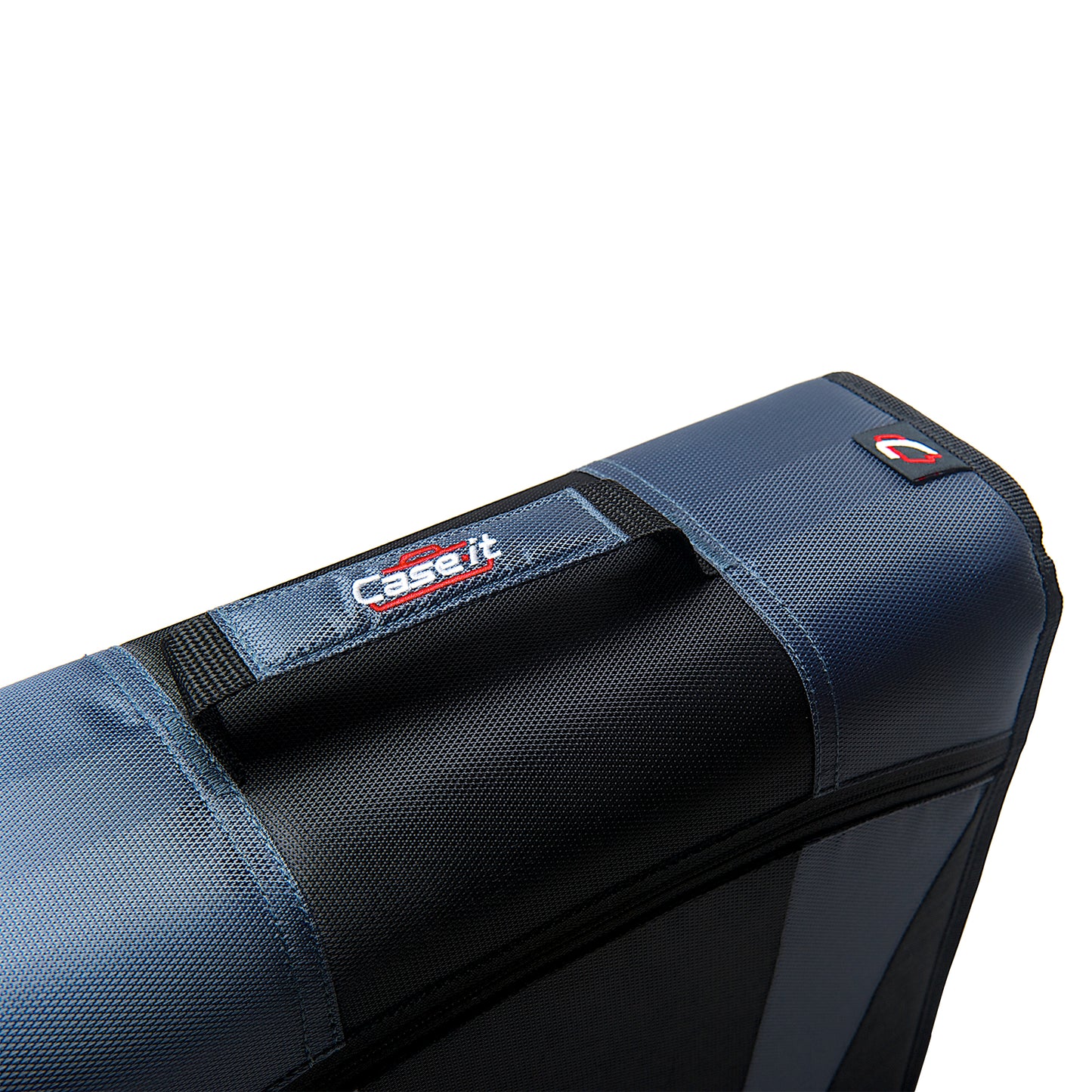 Close-up of a blue and black suitcase