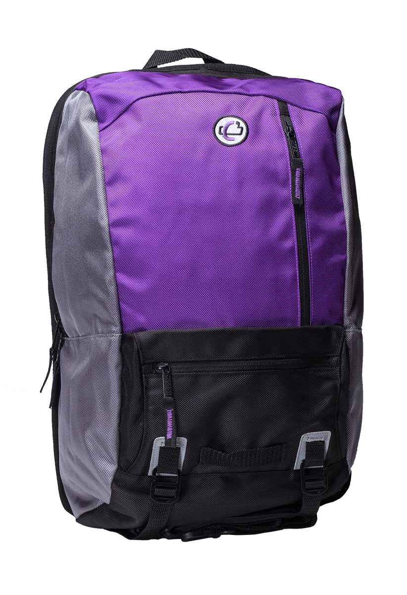 A purple and gray backpack